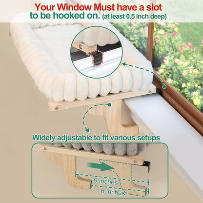Zakkart SnugCloud Cat Window Perch with 4-Sided Bolster - Orthopedic Cat Hammock for Window Sill - Solid Hardwood & Metal Frame - Window Seat for Pets (Natural Color Wood w/White Bed, Medium)