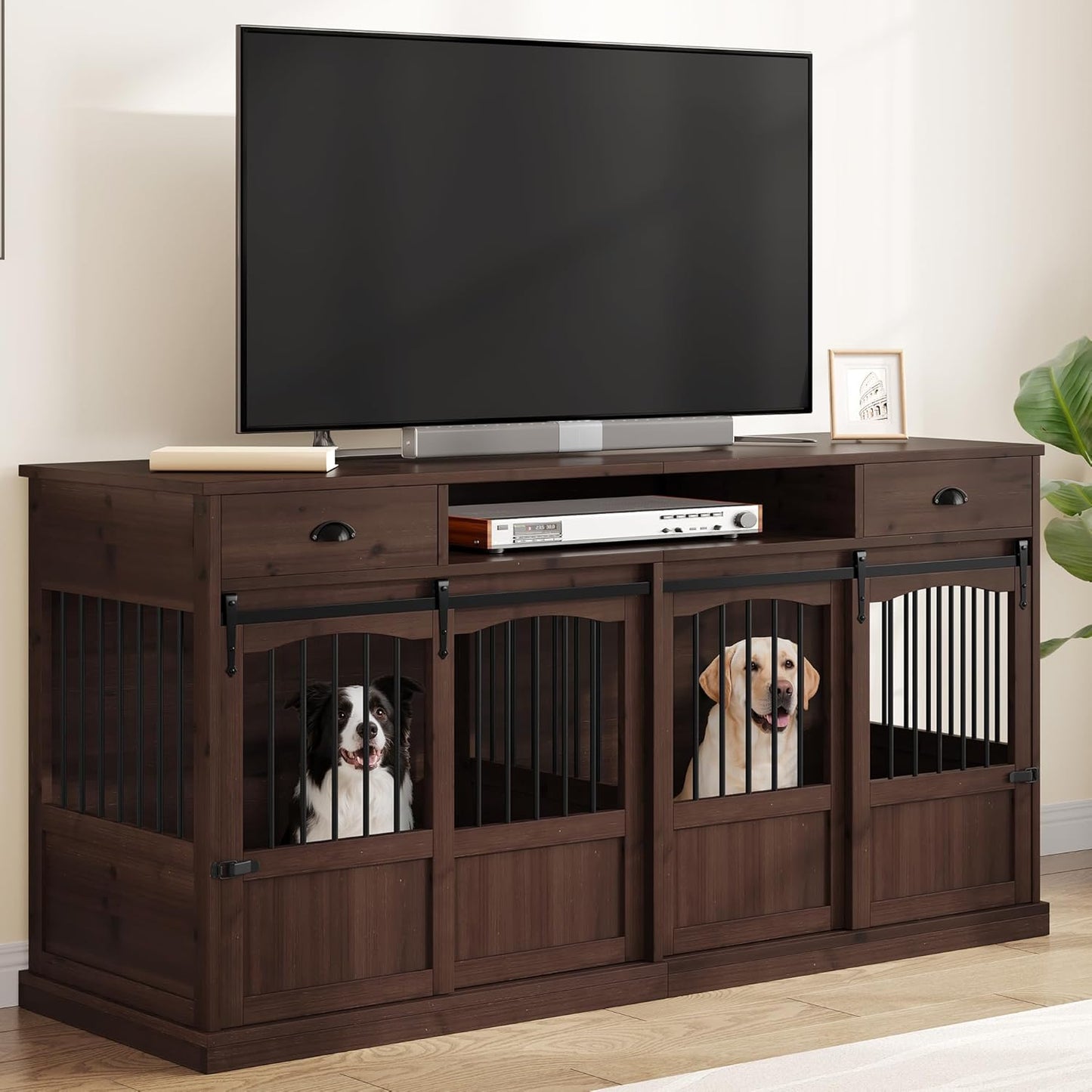 70.86" Double Dog Crate Furniture with Storage for 2 Medium Large Dogs Farmhouse Wooden Dog Kennel Furniture with 2 Sliding Doors Divider & Power Outlets Decorative Dog Cage TV Stand, Brown