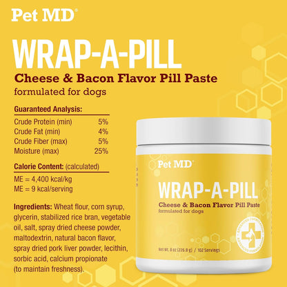 Pet MD Wrap A Pill Cheese & Bacon Flavor Pill Paste for Dogs - Make a Pocket or Pouch to Hide Pills & Medication - 8 oz (Pack of 2)