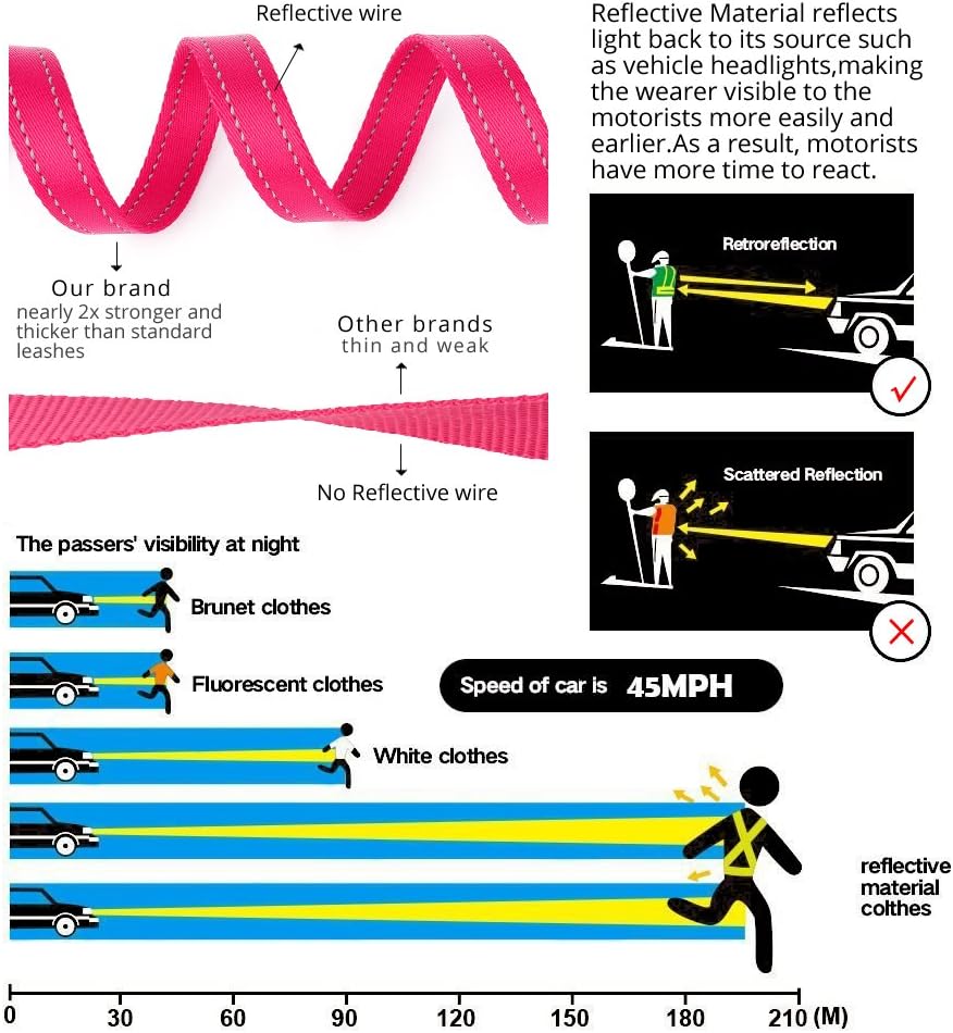 Plutus Pet Double Handle Dog Leash 6ft Long, Padded 2 Handle, Heavy Duty, Reflective Training Leash for Medium Large Dogs, Dual Handle Lead (Pink)