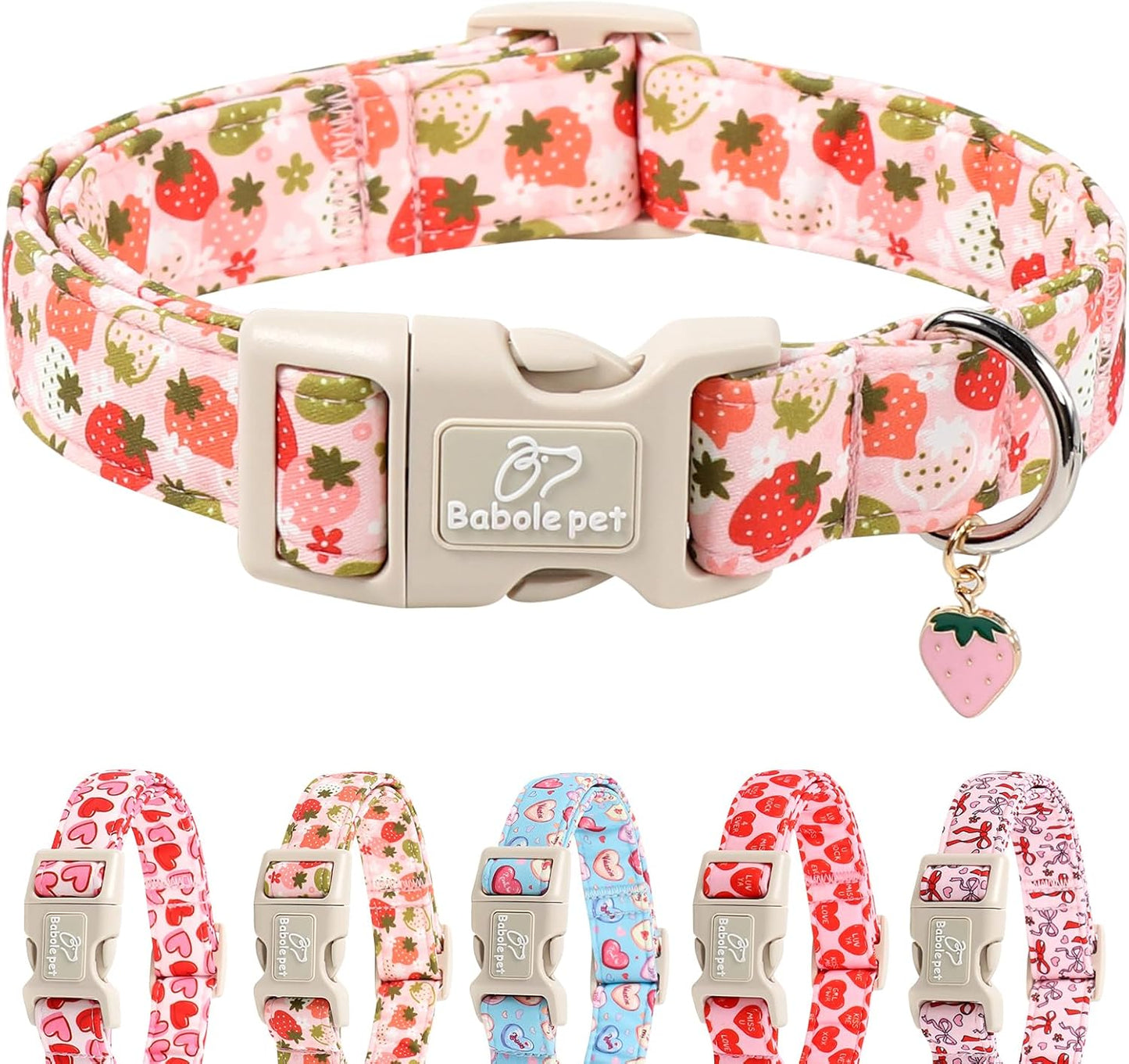 Strawberry Dog Collar for Medium Dogs - Sweet Girl Dog Collars for Spring Summer, Cute Pastel Pink & Floral Fruit Print, Adjustable Puppy Collar with Quick-Release Buckle M