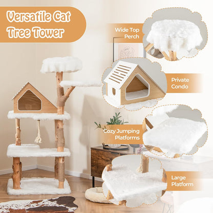 PETSITE 60 inch Solid Wood Cat Tree Tower, Multi-Level Wooden Cat Tower with Jute Scratching Posts, Cat Condo, Sisal Rope, Soft Long Plush, Modern Tall Cat Tree for Indoor Cats Large Adult