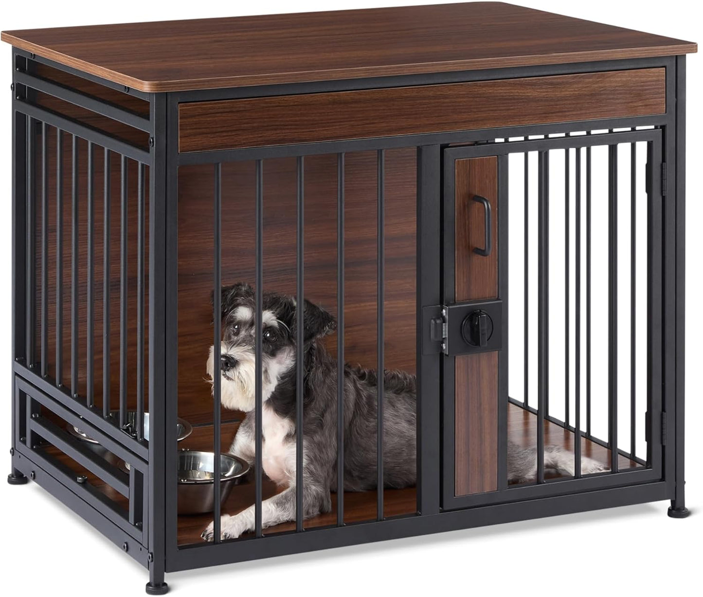 Amazon Basics Furniture Style Dog Crate, Two Bowls Included, 30" x 20.4" x 23.6", Walnut