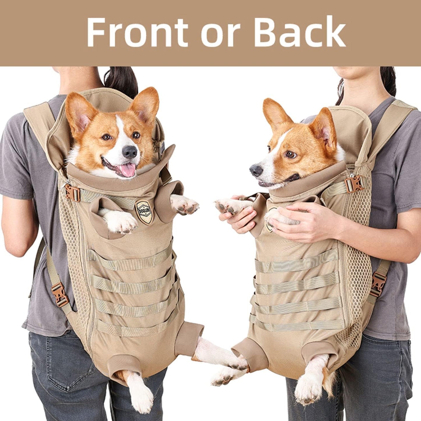 FLAdorepet Dog Carrier Tactical Backpack for Medium Large Dogs,Soft Hands-Free Legs Out Pet Front Cat Dog Carrier Backpack Travel Bag for Outdoor Traveling Hiking Camping (Medium, Khaki)