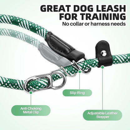 SlowTon Slip Lead Dog Leash, Adjustable 4-6 FT, 1/2” Rope, Heavy Duty Nylon Leashes with Padded Handle & Highly Reflective Threads, No Pull Training Leash for Medium Large Dogs 20-120lb (Green, S)