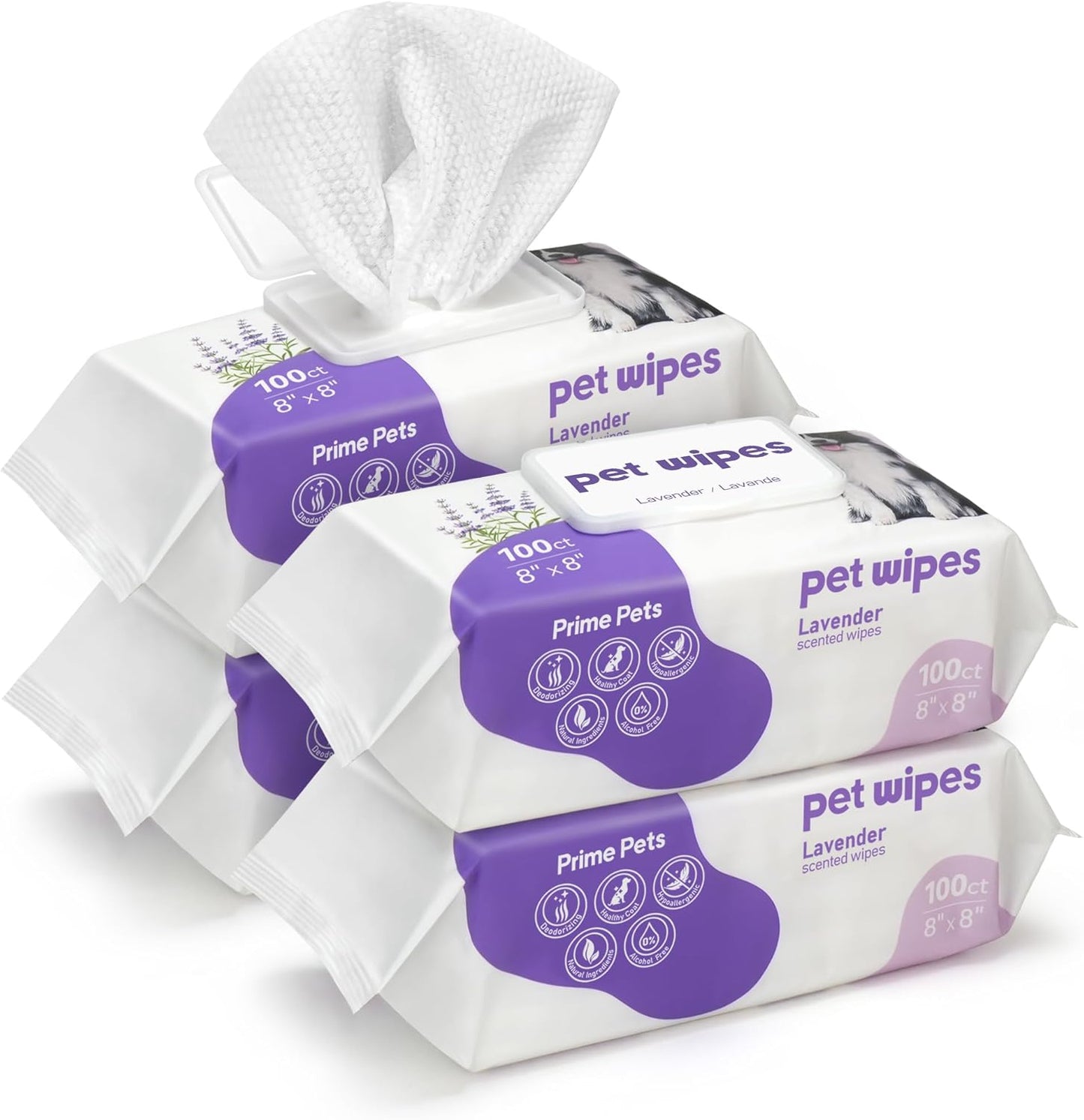 Prime Pets 400pcs Dog Wipes for Paws and Butt, Large Pet Wipes for Dogs, Dog Wipes Cleaning Deodorizing, Hypoallergenic, Puppy Wipes for Grooming Face Fur Body, Lavender Scented