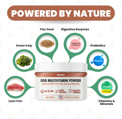 Kopo Dog Multivitamin Powder - All in One Organic Natural Vitamins for Dogs All Breed Sizes - Wellness, Heart, Skin & Coat, Gut Health, Digestion, Immune System, and Hip & Joint Supplement for Dogs