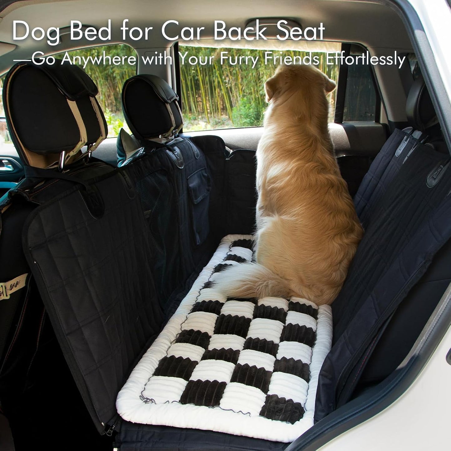 Dog Bed for Car, Pet Travel Backseat Mat for Vehicle SUV Truck Jeep Automobile, Large Washable Foldable Non-Slip Fuzzy Soft Comfortable Cozy Extender Protector Cover Pad, Black, 24.8x54 in
