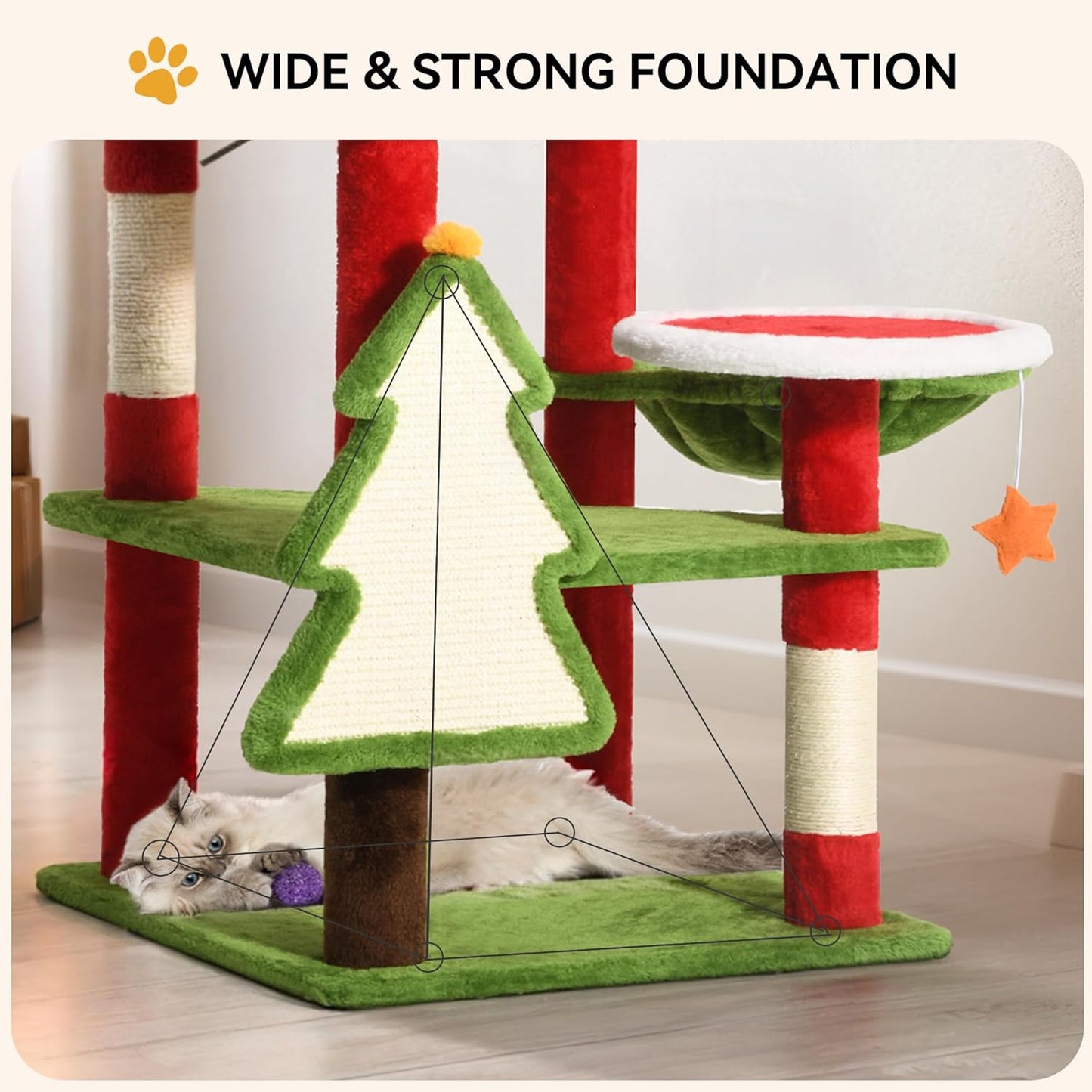 DWVO 54in Christmas Cat Tree Tower with Sisal Scratching Posts, Cat House Furniture with Cat Condos, Top Perches, Hammock, Kitty Tower Tall for Cats to Play and Sleep