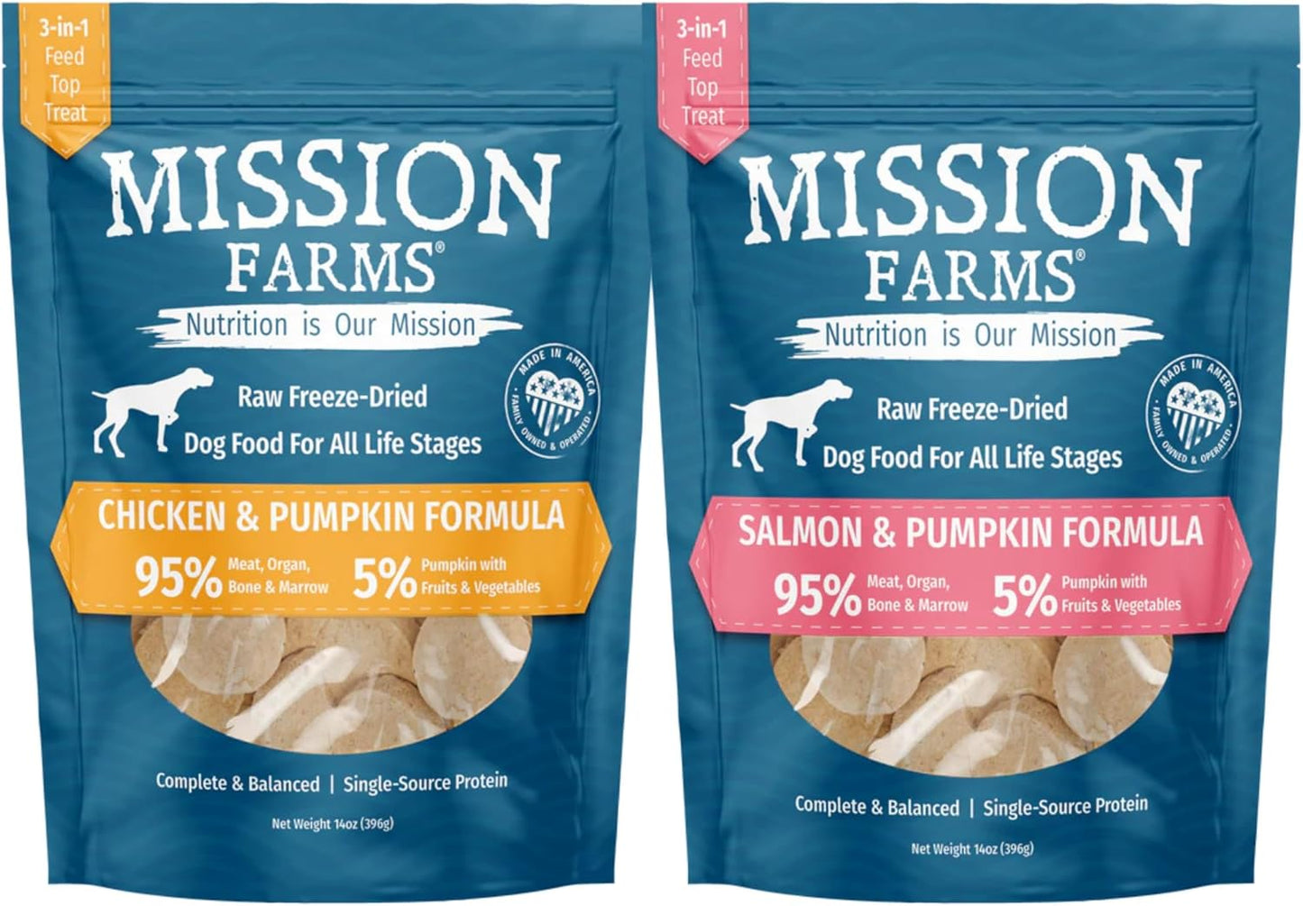 Mission Farms Raw Freeze-Dried Dog Food – Chicken & Salmon with Pumpkin, 14oz Each, Grain-Free, All-Natural