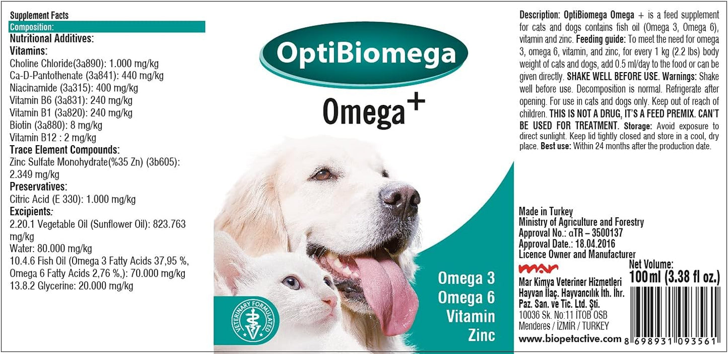 OptiBiomega Fish Oil for Dogs & Cats, Vitamins & Supplements Skin and Coat, Zinc, Omega 3 & Omega 6 Fatty Acids Support Immune Supplement, 3.38 fl oz