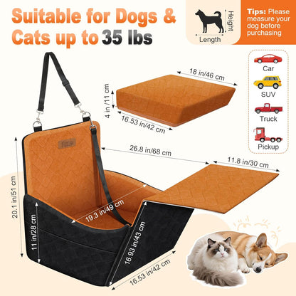 Elevated Dog Car Seat, Dog Booster Car Seats for Small & Medium Breeds Up to 35lbs, Fully Detachable and Washable, Memory Foam Pet Carseat with 2 Storage Pockets & 3 Safety Belts, Black + Brown