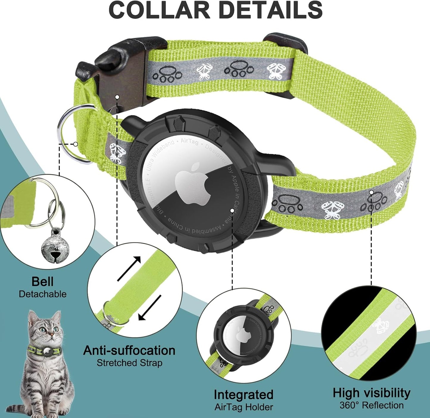 Reflective AirTag Cat Collar, Integrated Cat Tracker Collar with Air Tag Holder and Bell, Safety Elastic Band Cat GPS Collars for Girl Boy Cats, Kittens and Puppies (Olive,S)