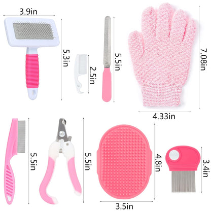 VCZONE Pink Small Animal Grooming Kit with Nail Clipper, Flea Comb, Shampoo Brush, Slicker Brush, Massage Glove for Rabbits