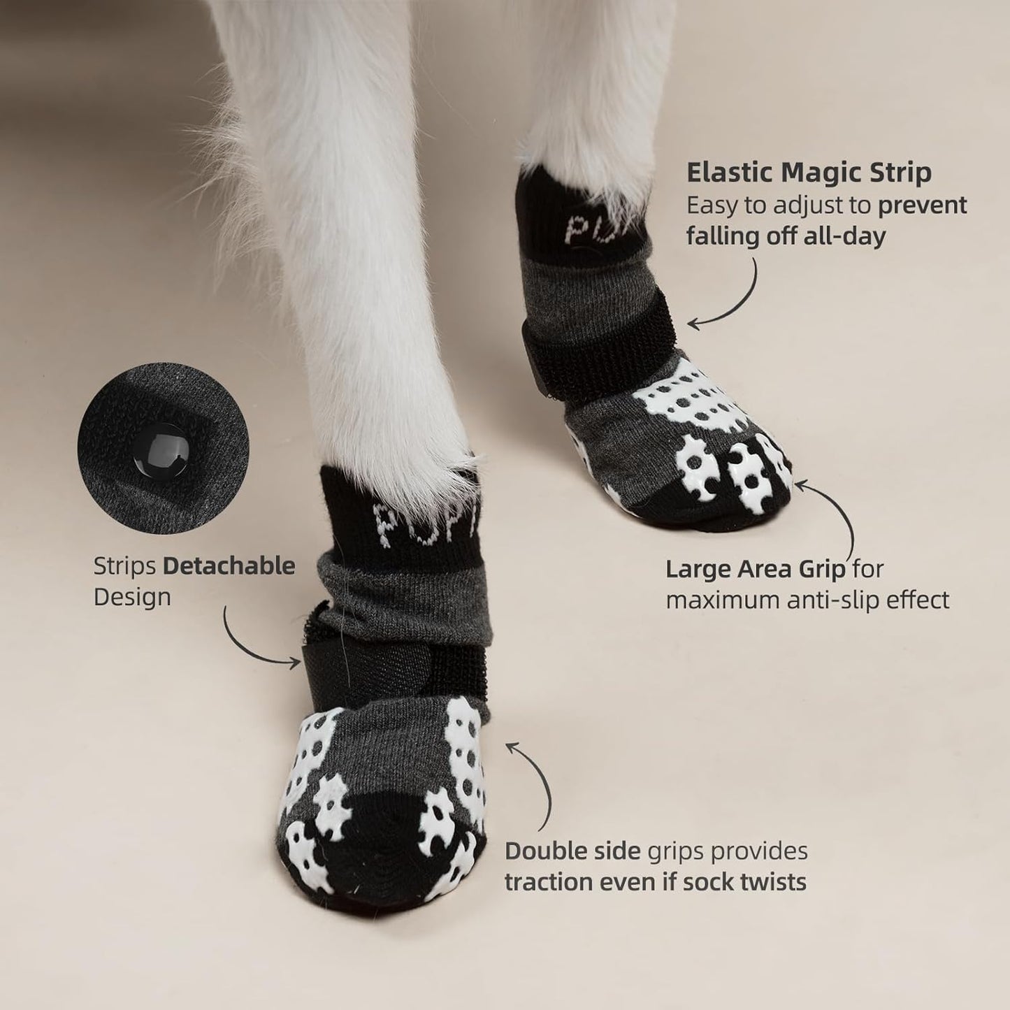PUPTECK Anti-Slip Dog Socks with Double Sides Grips for Small Medium Large Dogs Hardwood Floors Prevents Licking, Dog Shoes for Hot Pavement Traction Control Paw Protector for Senior Dogs, Grey L