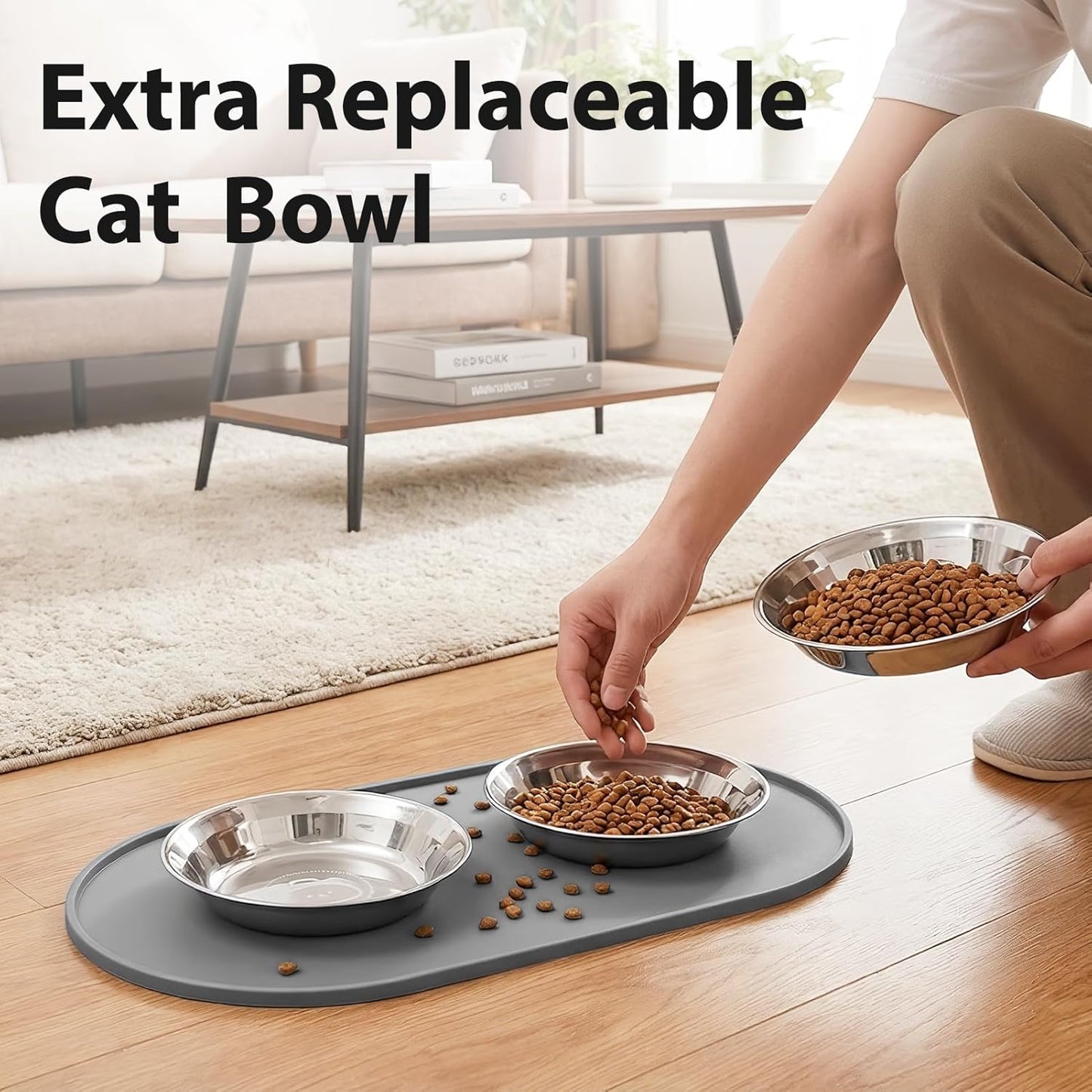 3-Pack Cat Bowls with Food Mat,6.3 Inches Stainless Steel Cat Food Bowl,Wide Tapered Design Whisker-Friendly Food and Water Bowl for Feeding Dogs and Cats,Dishwasher Safe,SUS 316