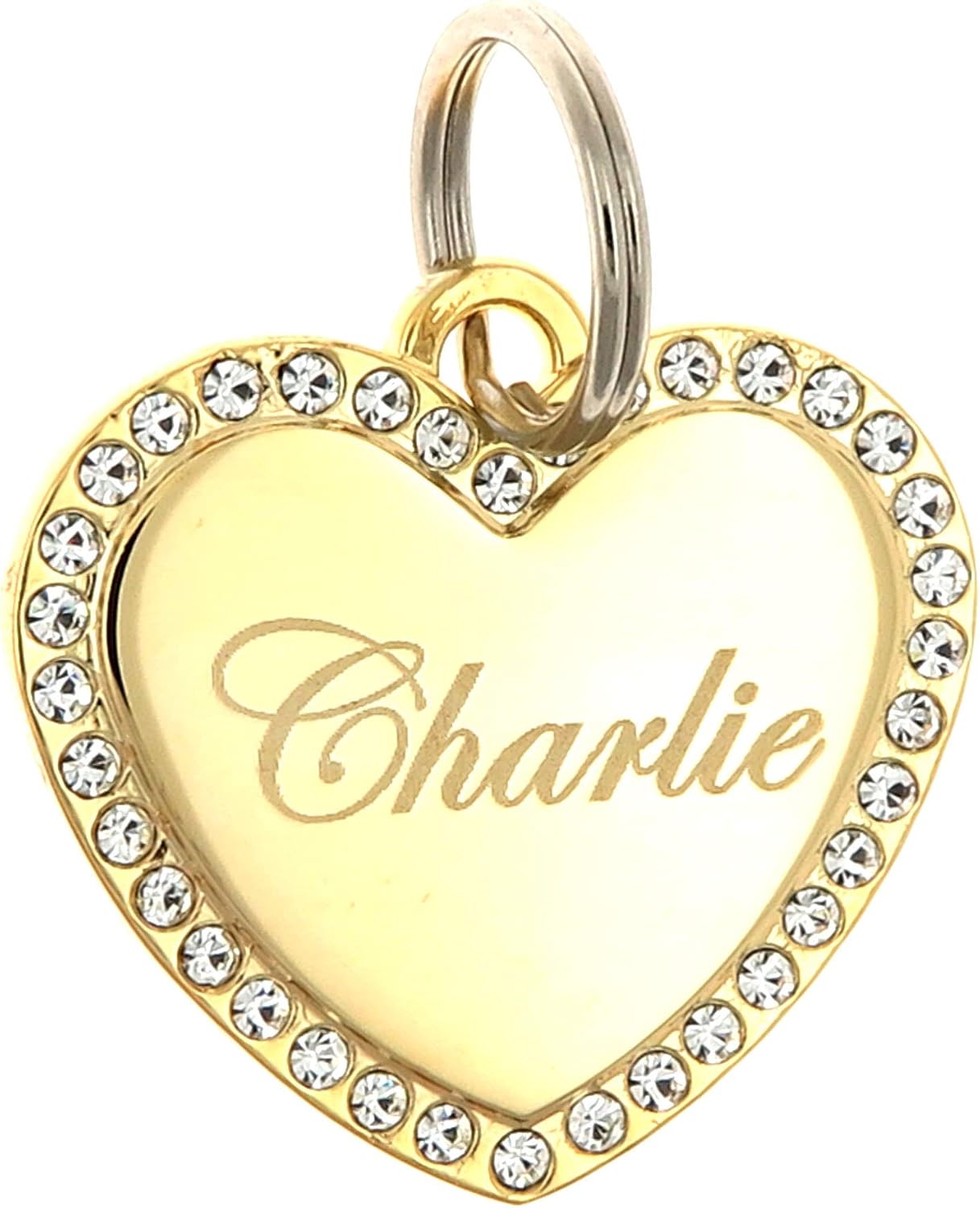 Custom Engraved Personalized Gold-Plated Medium Heart Rhinestones Pet Jewelry ID Tag for Casual Use