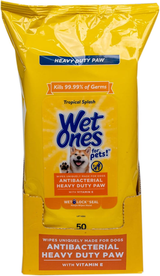 Wet Ones for Pets Antibacterial Heavy Duty Paw Wipes, Tropical Splash Scent - Thick Dog Cleaning Wipes - Scented, Durable and Disposable Dog Wipes for Paws, 50 Count