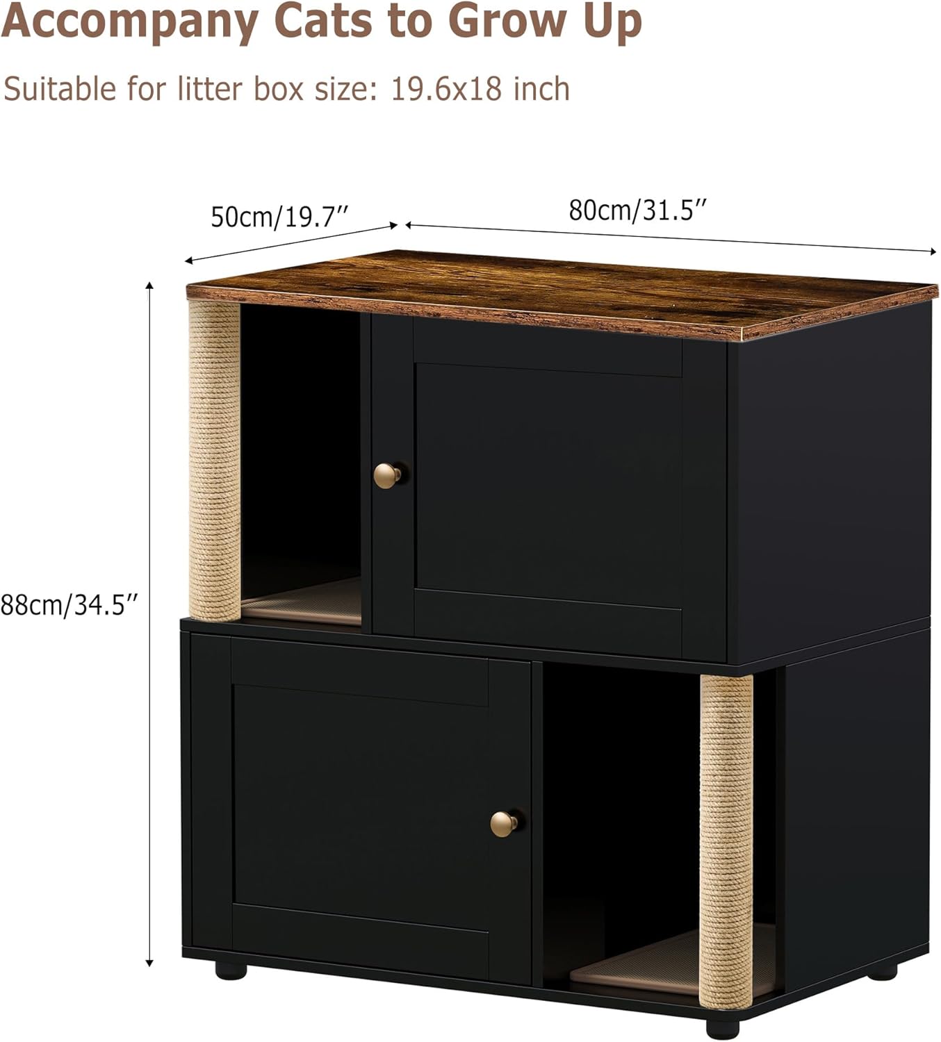 GAOMON 2 Tiered Cat Litter Box Enclosure for 2 Boxes, 31.5'' Double Litterbox Enclosure Furniture with Scratch Posts and Double-Layer Litter Mats, Wood Cat Washroom 2 Doors Black