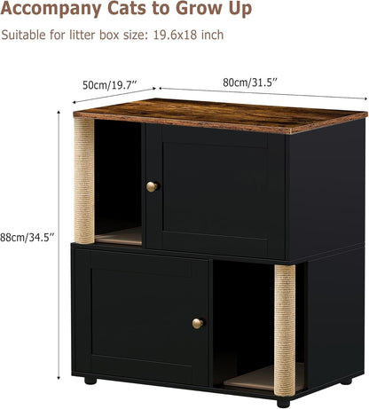 GAOMON 2 Tiered Cat Litter Box Enclosure for 2 Boxes, 31.5'' Double Litterbox Enclosure Furniture with Scratch Posts and Double-Layer Litter Mats, Wood Cat Washroom 2 Doors Black