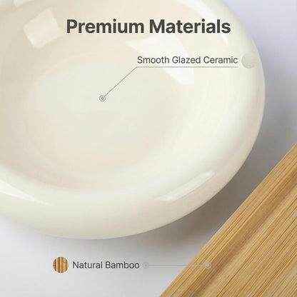 Raised Cat Ceramic Bowls with Wood Stand Kitty Elevated Bowls for Food and Water with Tilted Design Anti-Vomiting, Pet Bowl Set with Stainless Steel Base for Cats and Puppy by TDTOK