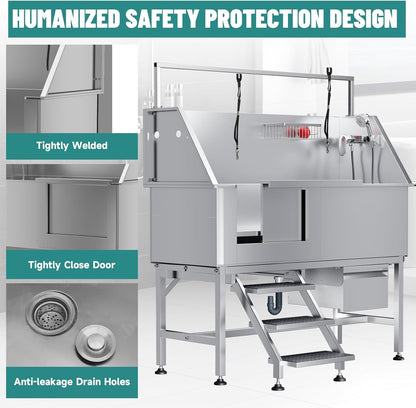 Dog Washing Station 46"" Dog Grooming Tub with Right Stair& Faucet, Dog Bathtub for Large,Medium,Small Pets, Stainless Steel Dog Bathing Station for Home (Left Door)