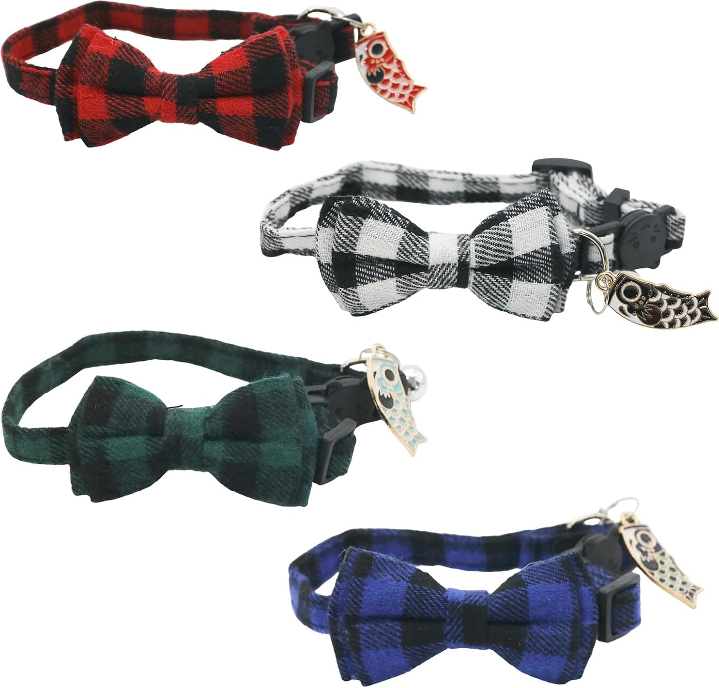4 Pcs Bow Tie Cat Collar, Breakaway Kitten Collar Quick Release Cat Collars with Bell and Small Fish Pendant, Adjustable Plaid Kitten Collar for Cats/Pet Cats Kittens