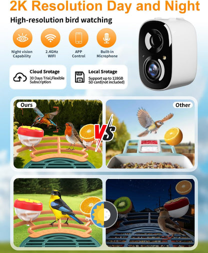 Bird Feeder with Camera, 2K HD Camera Birds Feeder with AI Bird Recognition, Solar Powered Smart Birdfeeder with App Control, Color Night Vision, Gift Box Package, Easy Install & Family Sharing