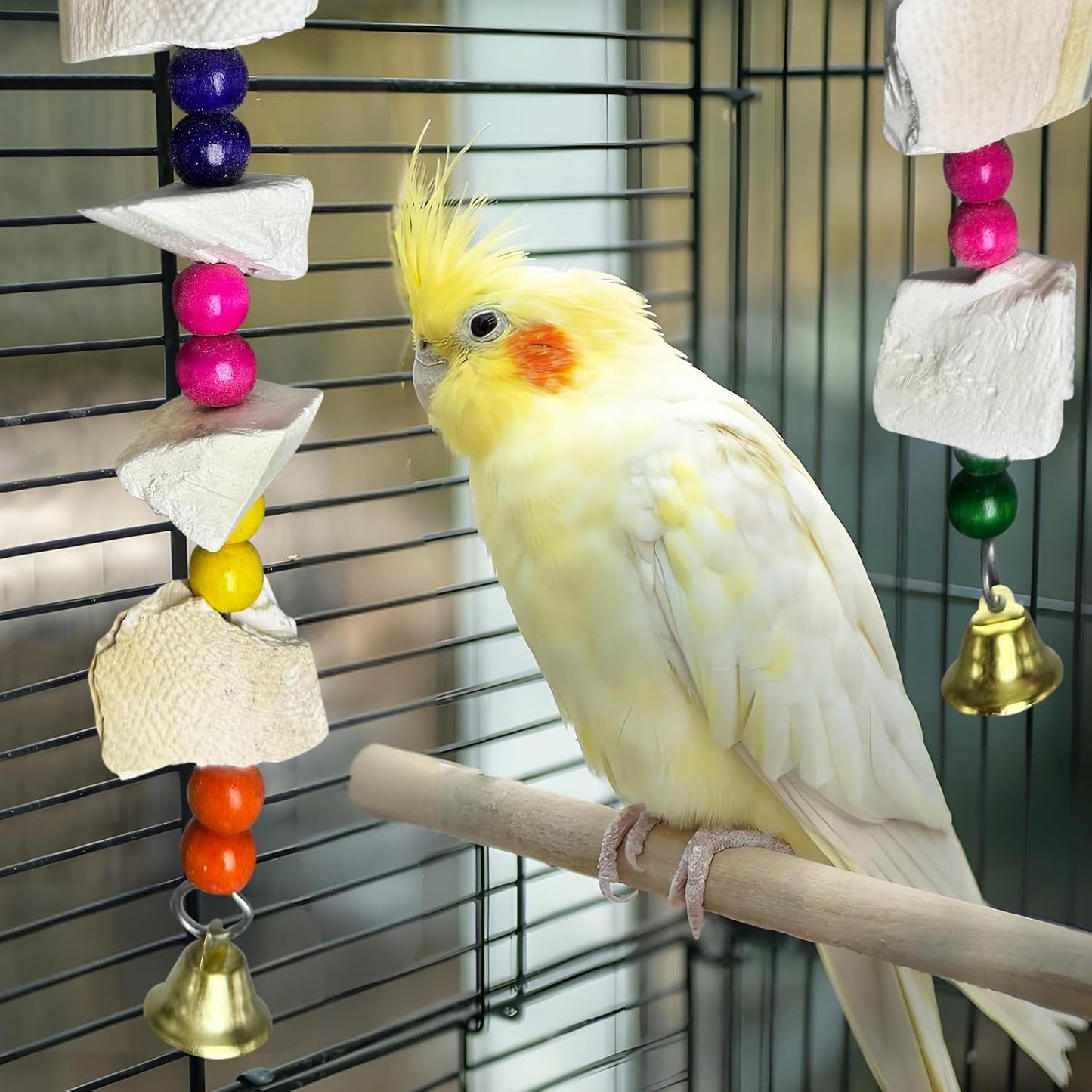 Hamiledyi 2 Pack Bird Toys with Five Cuttlebone - Natural Calcium Chew Toy for Beak Grinding, Hanging Wooden Cage Accessories for Parakeets, Budgies, Cockatiels, Lovebirds(Style C)