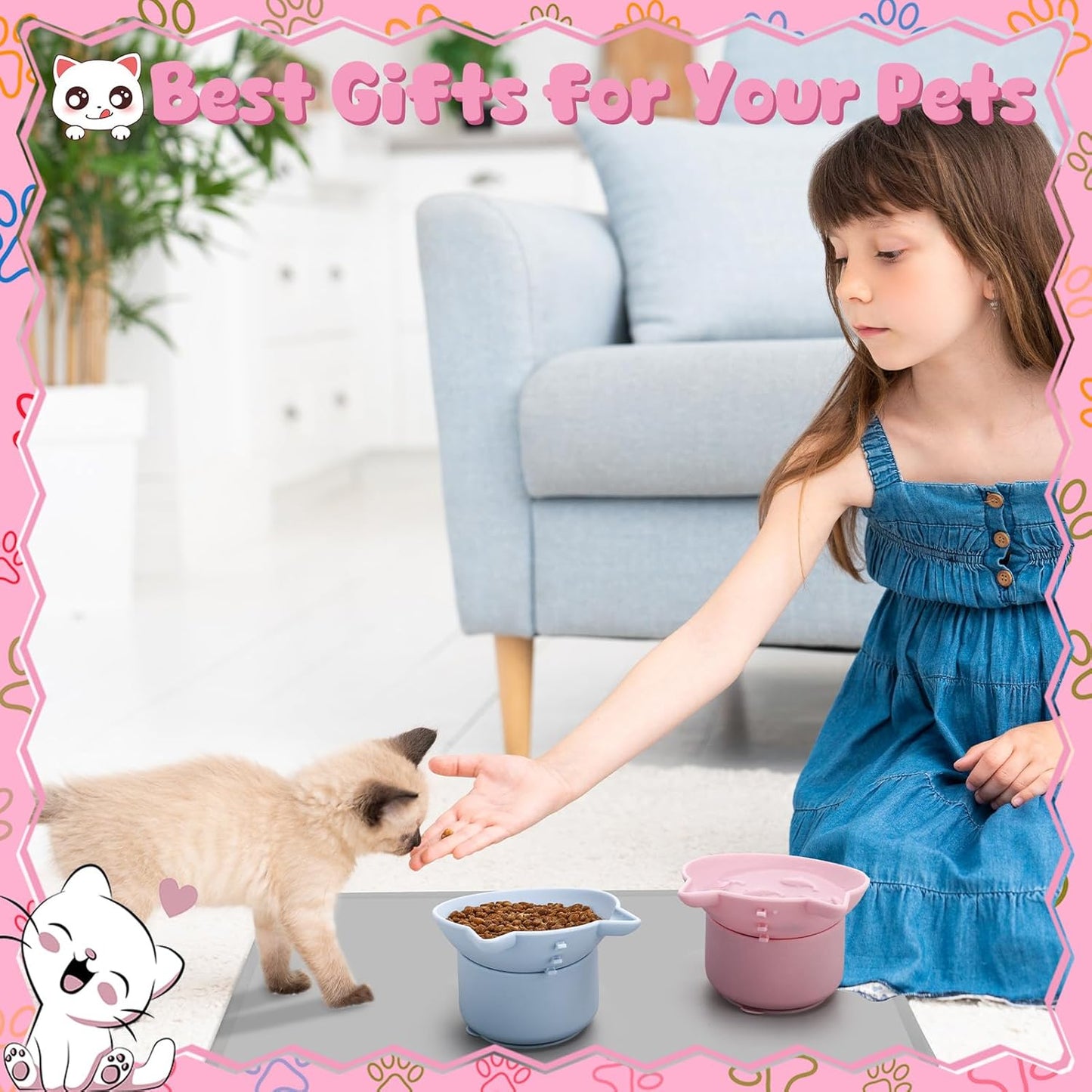 2 Pack Pink, Blue Slow Feeder for Cat Bowls, Silicone Tilted Raised Pet Bowl with Non Slip Base for Digestion Anti Vomit