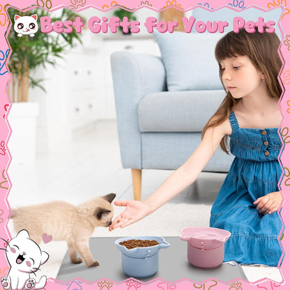 2 Pack Pink, Blue Slow Feeder for Cat Bowls, Silicone Tilted Raised Pet Bowl with Non Slip Base for Digestion Anti Vomit