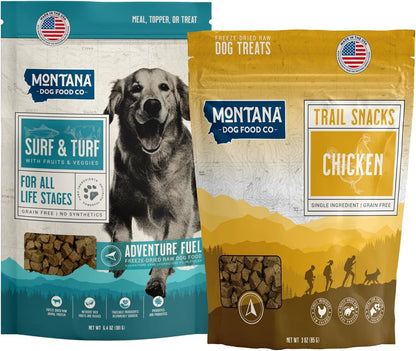Surf and Turf Dog Food and Chicken Dog Treat Adventure Fuel Bundle - Freeze-Dried Raw Food with Single Ingredient Training Snacks