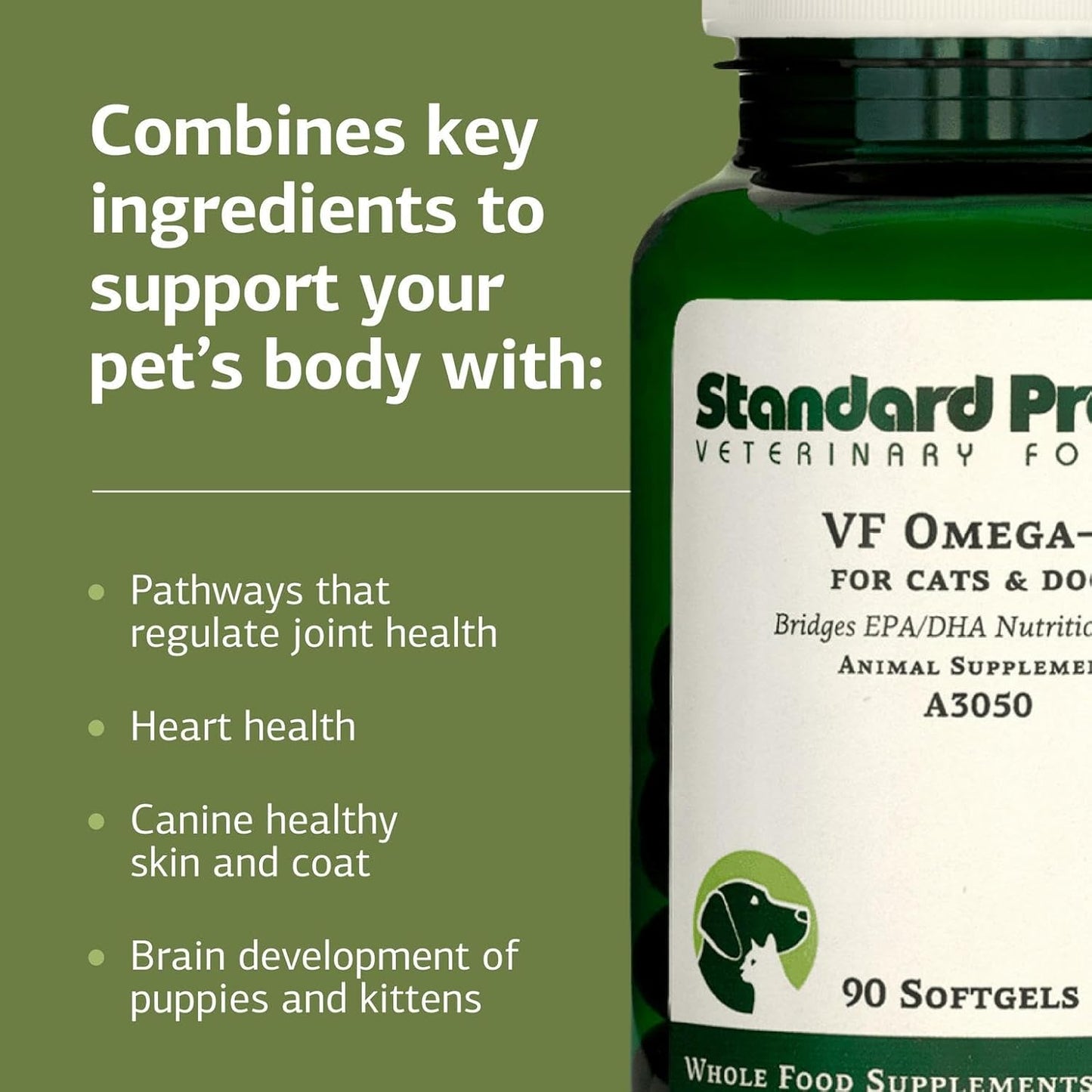 Standard Process Inc. VF Omega-3 for Pets - Dietary Supplement with Omega-3 Fatty Acids - Support Bone Growth, Immune Health, Heart Health - Fish Oil Supplement for Pets - 90 Softgels
