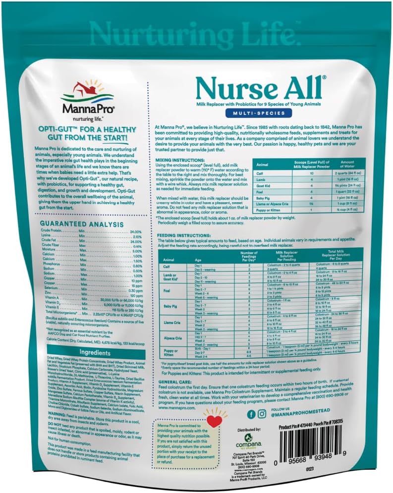 Manna Pro Nurse All Multi-Species Milk Replacer, Great for Calves, Lambs, Goat Kids, Foals, Baby Pigs, Llamas, Alpaca Crias, Puppies & Kittens, Provides Complete Nutrition, 3.5 lb