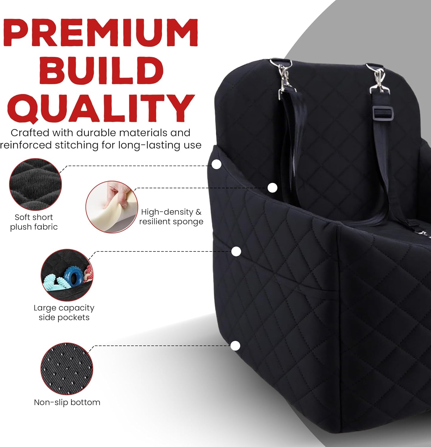 Elevated Dog Car Seat for Small/Medium Dogs up to 35 lbs, Memory Foam Pet Booster Seat with Detachable Washable Cover, Portable Travel-Safe Bed for Cars with Safety Belts and Storage Pockets