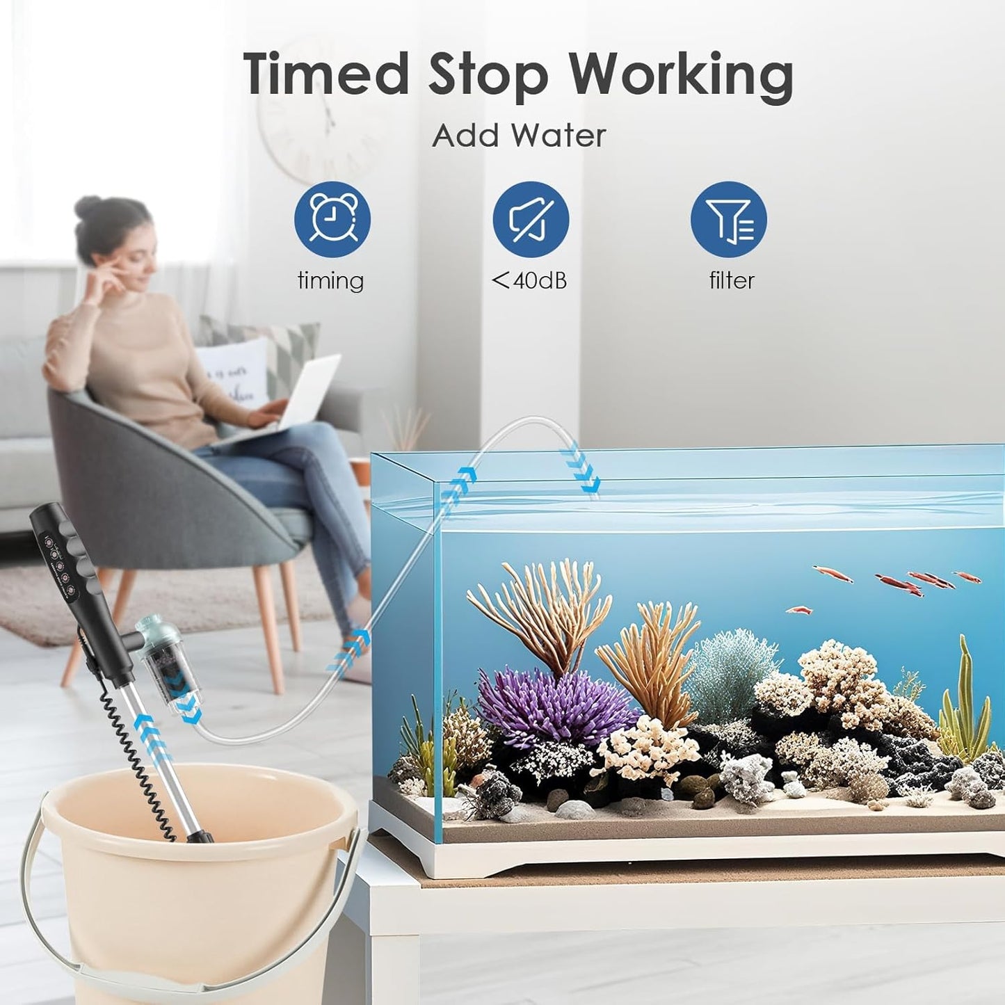 AKKEE Aquarium Vacuum Gravel Cleaner Handle Control 8 in 1 Multifunctional 36W Fish Tank Gravel Cleaner Vacuum for Water Changer Wash Sand Water Filter Circulation Aquarium Clean Timed Off Waterproof