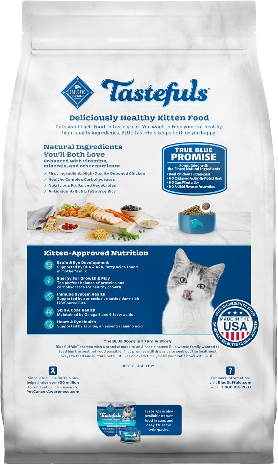 Blue Buffalo Tastefuls Kitten Food With DHA Dry Cat Food Made in the USA with Natural Ingredients, Chicken Recipe, 7-lb. Bag