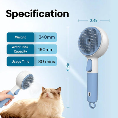 Cat Steam Brush for Shedding & Grooming - 3-in-1 Electric Spray Pet Hair Brush with Massage Function - Anti-Static Water Spray Comb for Tangled Hair, Rechargeable Grooming Tool for Cats & Dogs (Blue)