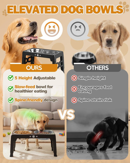 Elevated Dog Bowls, Dog Feeder with Stainless Steel Dishes & Slow Feeder Bowl, 5 Heights Adjustable Raised Stand for Medium Large, Food Dishes with Non-Slip Feet