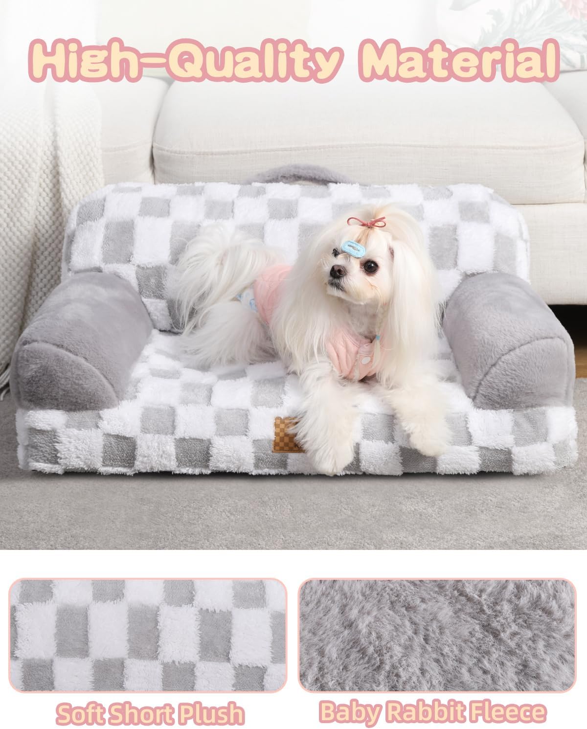 KSIIA Dog Bed Small Dog Beds Waterproof Cat Couch with Supportive Armrests for Puppy and Kitten Pet Couch Machine Washable Pet Sofa with Removable Cover & Anti-Slip Bottom, 26 x 14.5 in, Grey