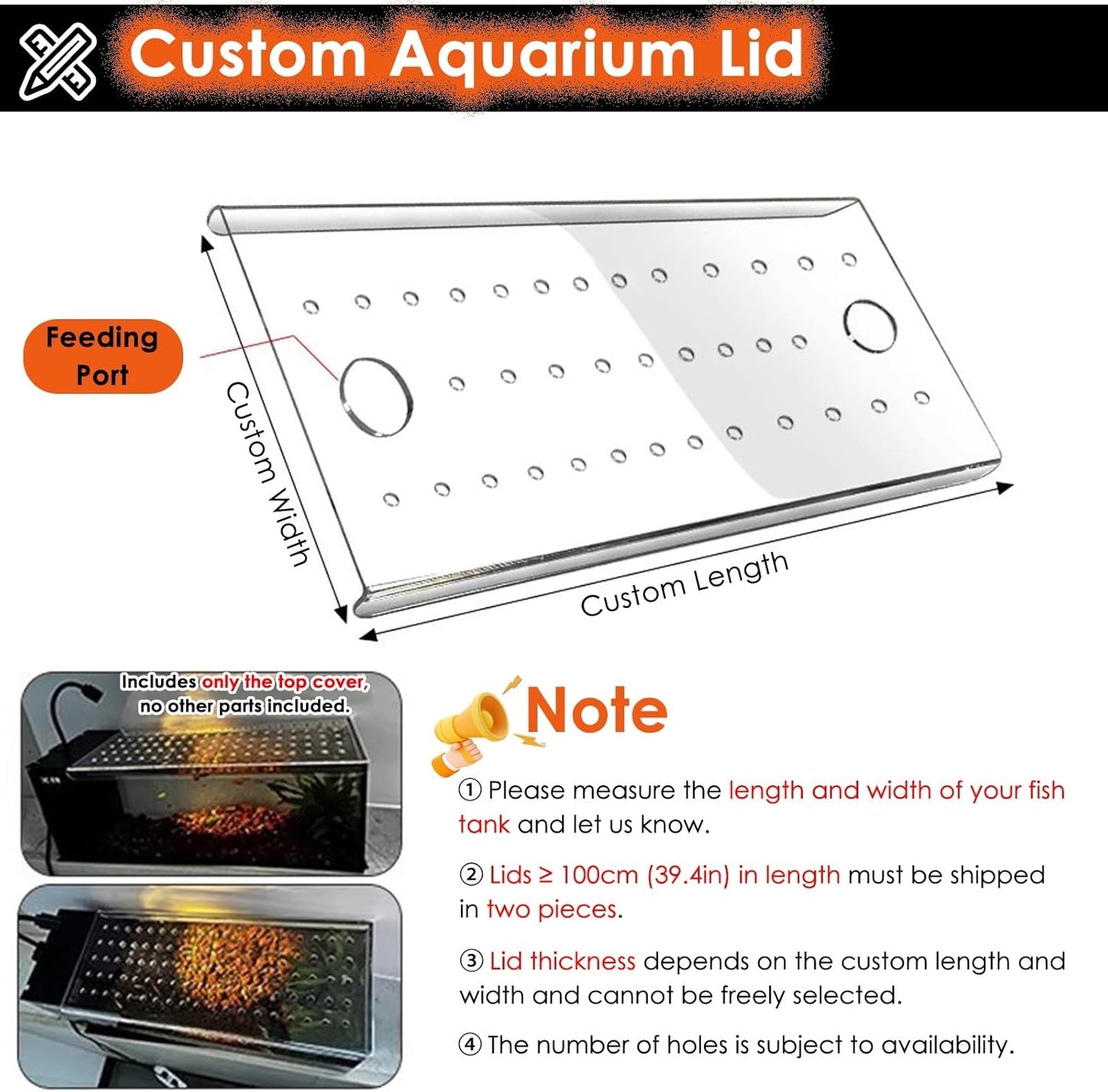 Aquarium Anti-Jump Lid, Cat-Proof Acrylic Cover for Fish Tanks, Top-Mount Terrarium Hood with Hole, 8-20 Inch Wide (L20xW20cm/7.9x7.9in)
