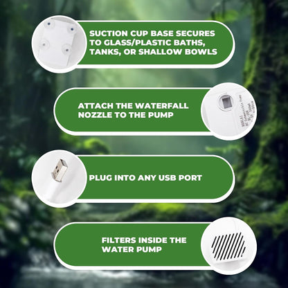 USB-Powered Reptile Shower Kit with Waterfall Fountain & Plush Towel – Bathing Essentials for Bearded Dragons, Frogs & Small Pets