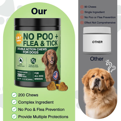 200 Chews No Poo Chew for Dogs-Flea and Tick Prevention Chews-2 in 1 Control Coprophagia & Flea Tick Supplement-Natural Soft Treats Deterrent Eat Poop with Digestive Enzymes Probiotics-Chicken Flavor