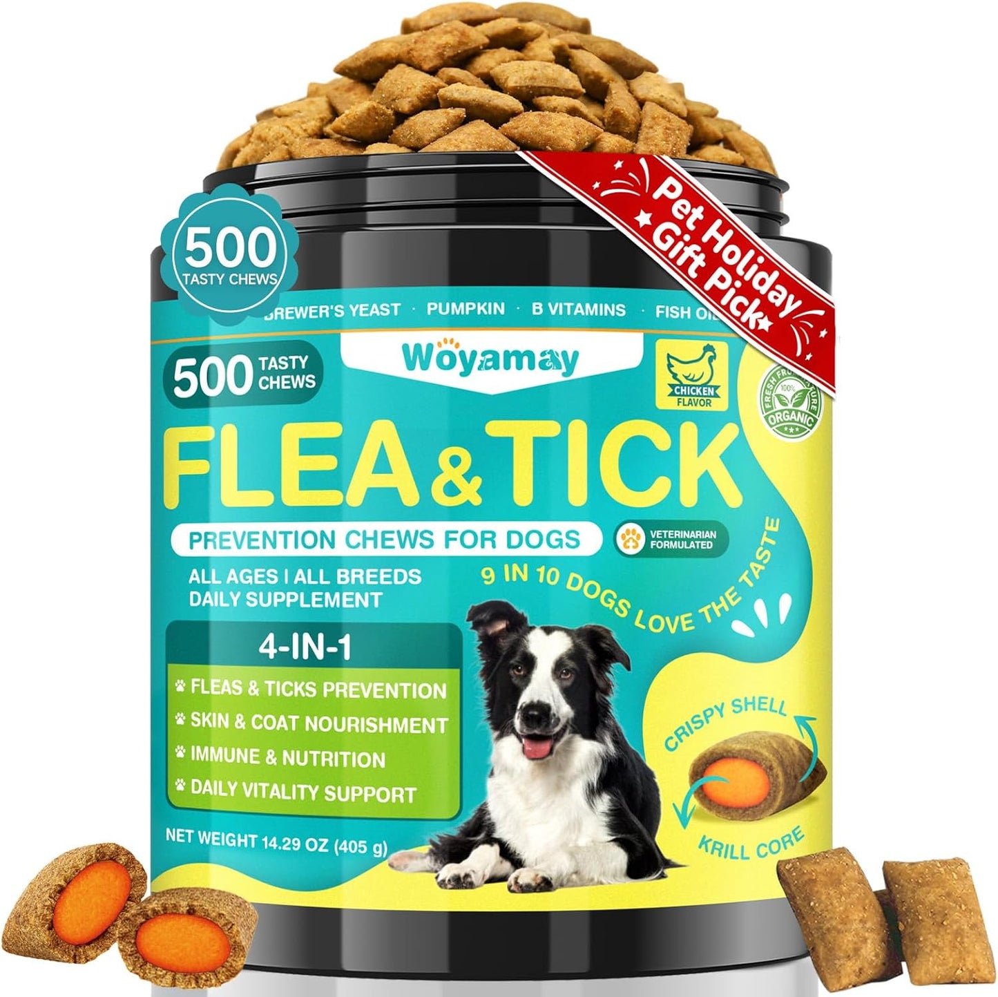 4-IN-1 Flea and Tick Prevention for Dogs, 500 Crunchy Dog Flea Chews, Dog Flea Treatment, Natural Oral Flea Treatment for Dogs, Daily Support for Flea, Skin & Coat, Gut, Immune, Chicken Flavor