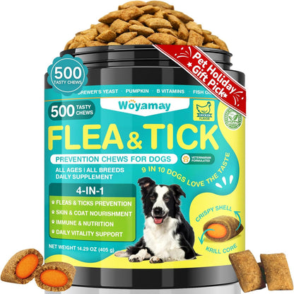 4-IN-1 Flea and Tick Prevention for Dogs, 500 Crunchy Dog Flea Chews, Dog Flea Treatment, Natural Oral Flea Treatment for Dogs, Daily Support for Flea, Skin & Coat, Gut, Immune, Chicken Flavor
