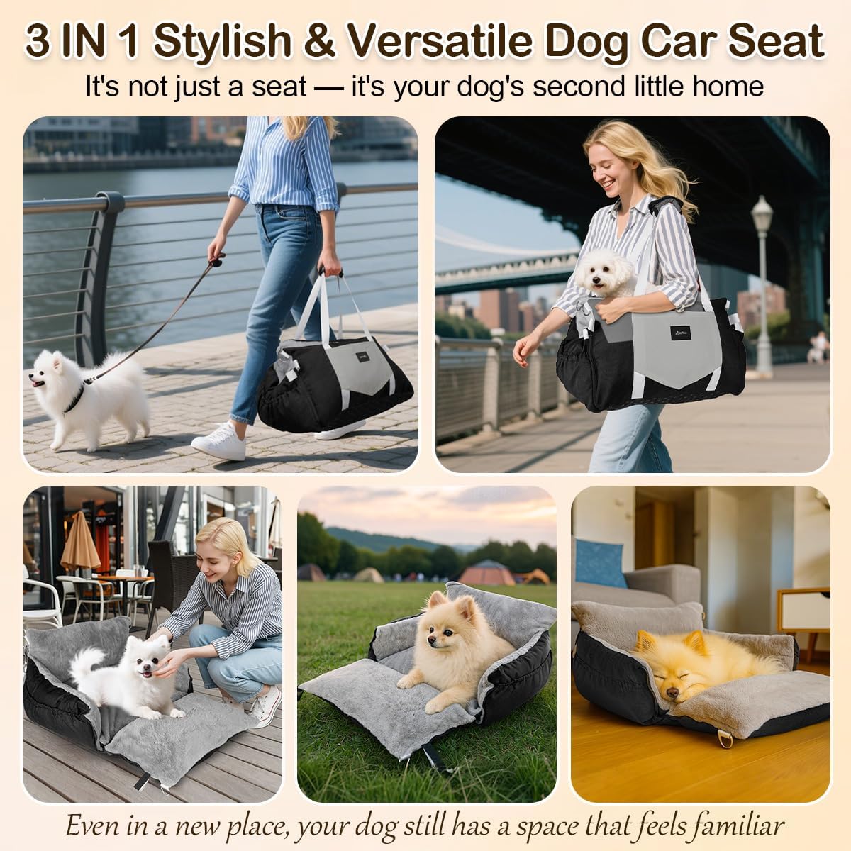 Dog Car Seat for Small Dogs with Extension Zone, Washable Car Travel Bed for Pets Up to 30Lbs, Trendy Booster Dog Seat Including Harness Clip - Black