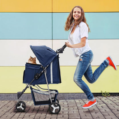 MoNiBloom 3 Wheels Pet Stroller, Foldable Dog Cat Cage Jogger Stroller with Weather Cover for All-Season, Storage Basket and Cup Holder, Breathable and Visible Mesh for Small/Medium Pets, Blue