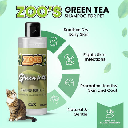 Zoo’s Pet Dog Shampoo Green Tea for Cats and Pets Vitamins E and C Nourish Skin, Promote Growth of Soft Lustrous Fur - 500ml