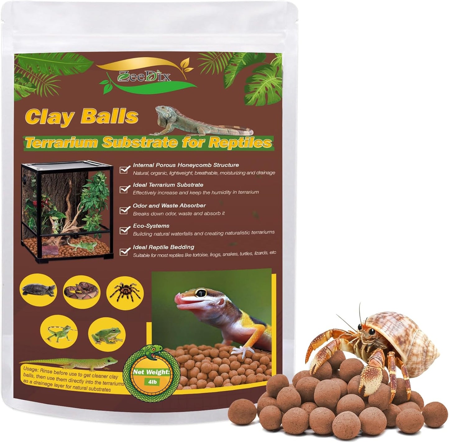 ZeeDix Reptile Substrate Leca Balls - 4LBS Organic Expanded Clay Pebbles, Bioactive Terrarium Bedding for Reptile Tank Habitat Accessories, Ideal for Bearded Dragon, Tortoise, Gecko, Snake & Frog