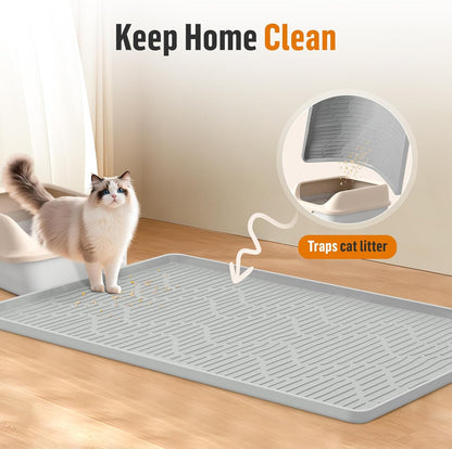 Silicone Cat Litter Mat, 32" x 22" Large Cat Litter Box Mat Litter Trapping Mat for Scatter Control, Waterproof, Soft on Kitty Paws, Clean Floor (Grey)